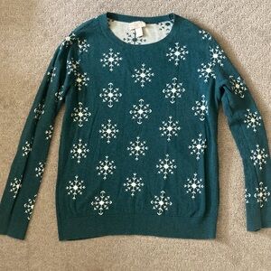 LOFT teal cotton snowflake sweater, Sz Large.